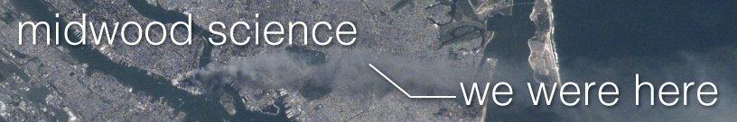 Photo of NYC taken from the International Space Station on September 11, 2001 showing a smoke plume trailing from the World Trade Center across Brooklyn. An arrow labeled 'We were here' points to Midwood's location in the plume.